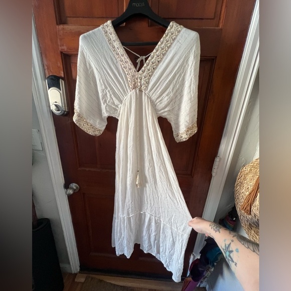 Dresses & Skirts - Ivory Boho Mirror Embellished Maxi Dress Viscose Kaftan Festival Beach Resort